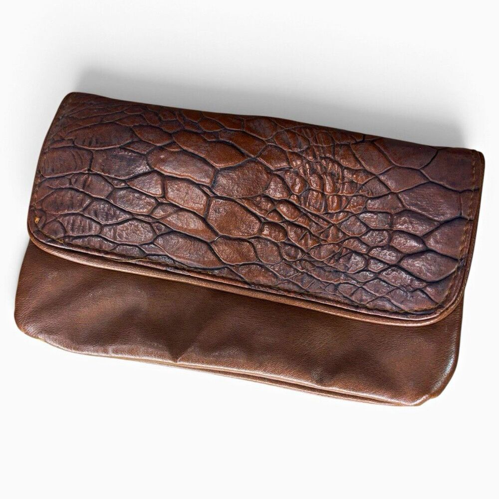70s Vintage Star Brand Brown Leather Retro Crocodile Embossed Clutch Wallet